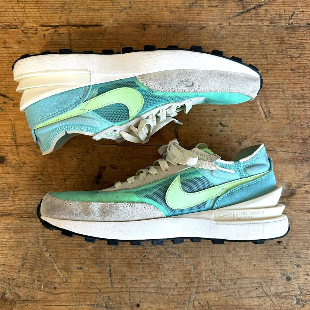Nike Waffle One Sneakers in Aqua & Lime Suede Shoes Lace Up Trainers Women's 9 - Picture 2 of 11